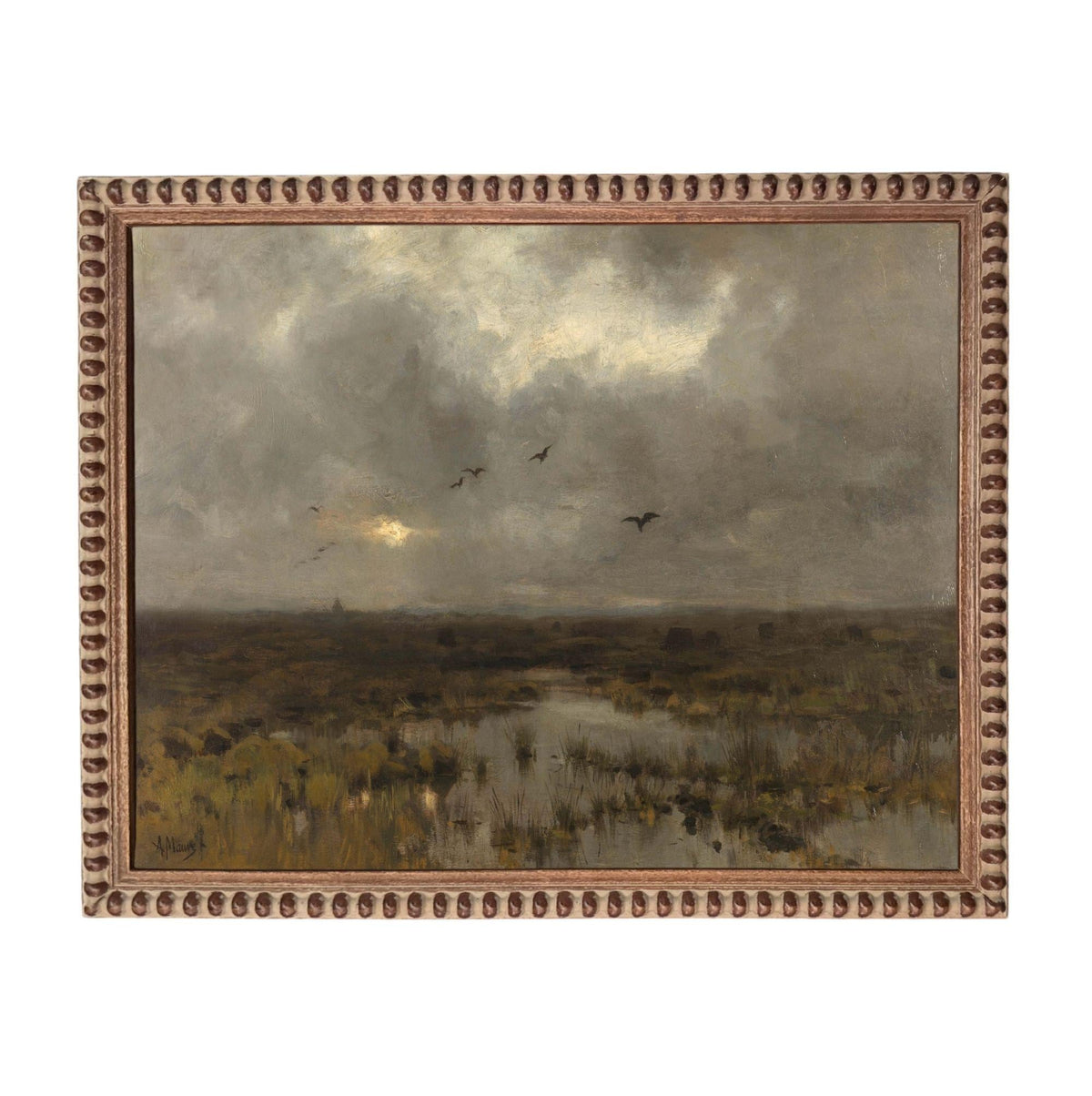 The image is a painting depicting a landscape with a cloudy sky, birds flying, and a body of water in the foreground.