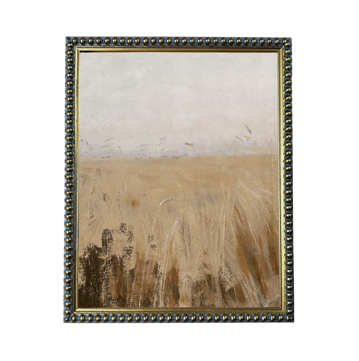 The image is a painting of a field with tall grass, framed in a decorative gold frame.
