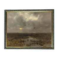 The image is a painting depicting a landscape with a cloudy sky, birds flying, and a body of water in the foreground.