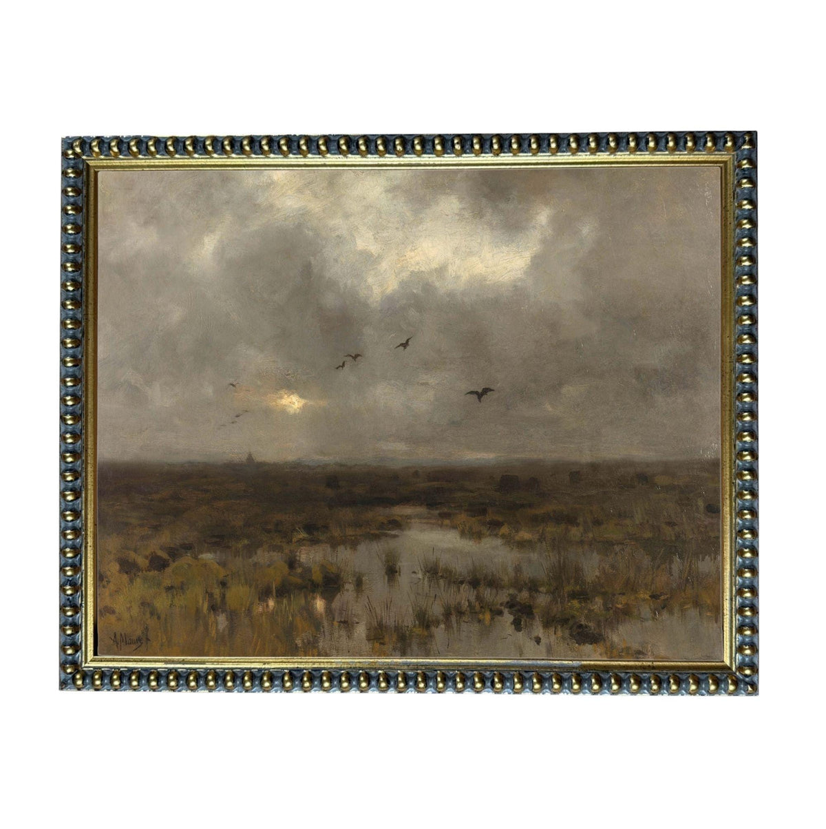 The image is a painting depicting a landscape with a cloudy sky, birds flying, and a body of water in the foreground.