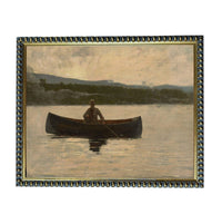 A man is rowing a boat on a lake, surrounded by a serene landscape of mountains and trees.