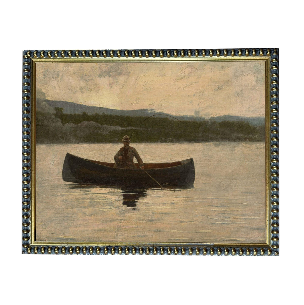 A man is rowing a boat on a lake, surrounded by a serene landscape of mountains and trees.