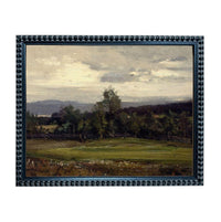 The image is a framed landscape painting depicting a serene countryside scene with rolling hills, trees, and a cloudy sky.
