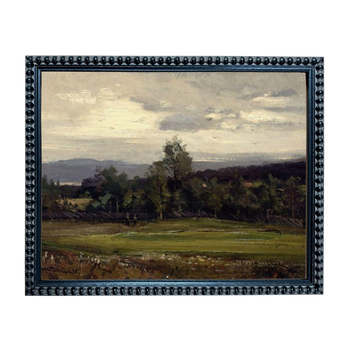 The image is a framed landscape painting depicting a serene countryside scene with rolling hills, trees, and a cloudy sky.