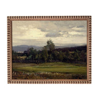 The image is a painting of a landscape with a field, trees, and a cloudy sky.