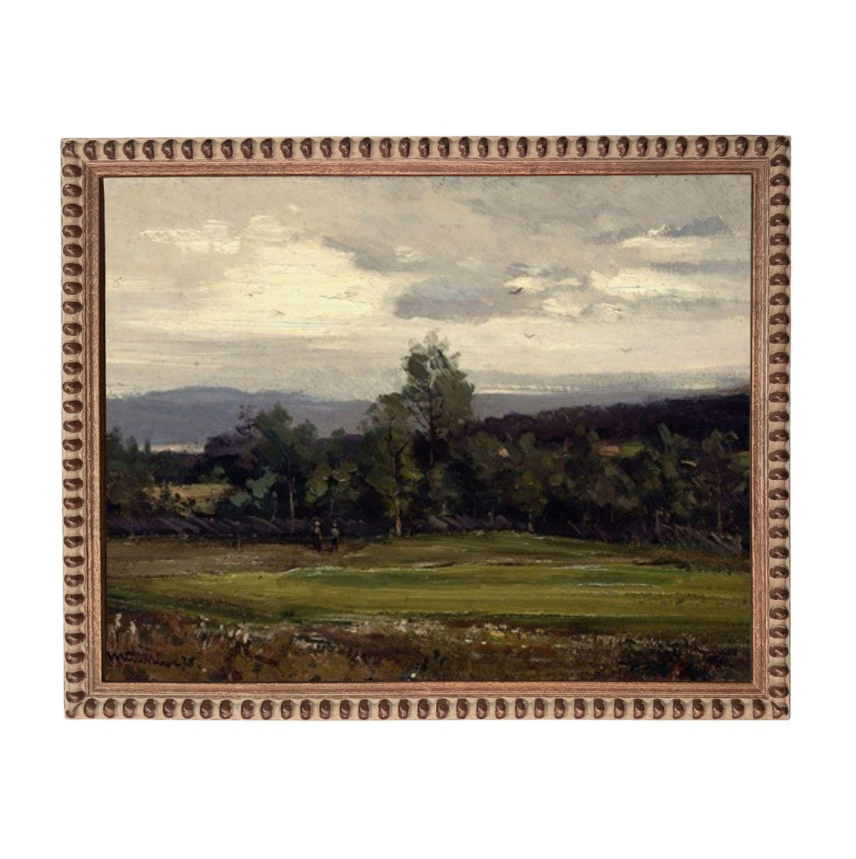 The image is a painting of a landscape with a field, trees, and a cloudy sky.
