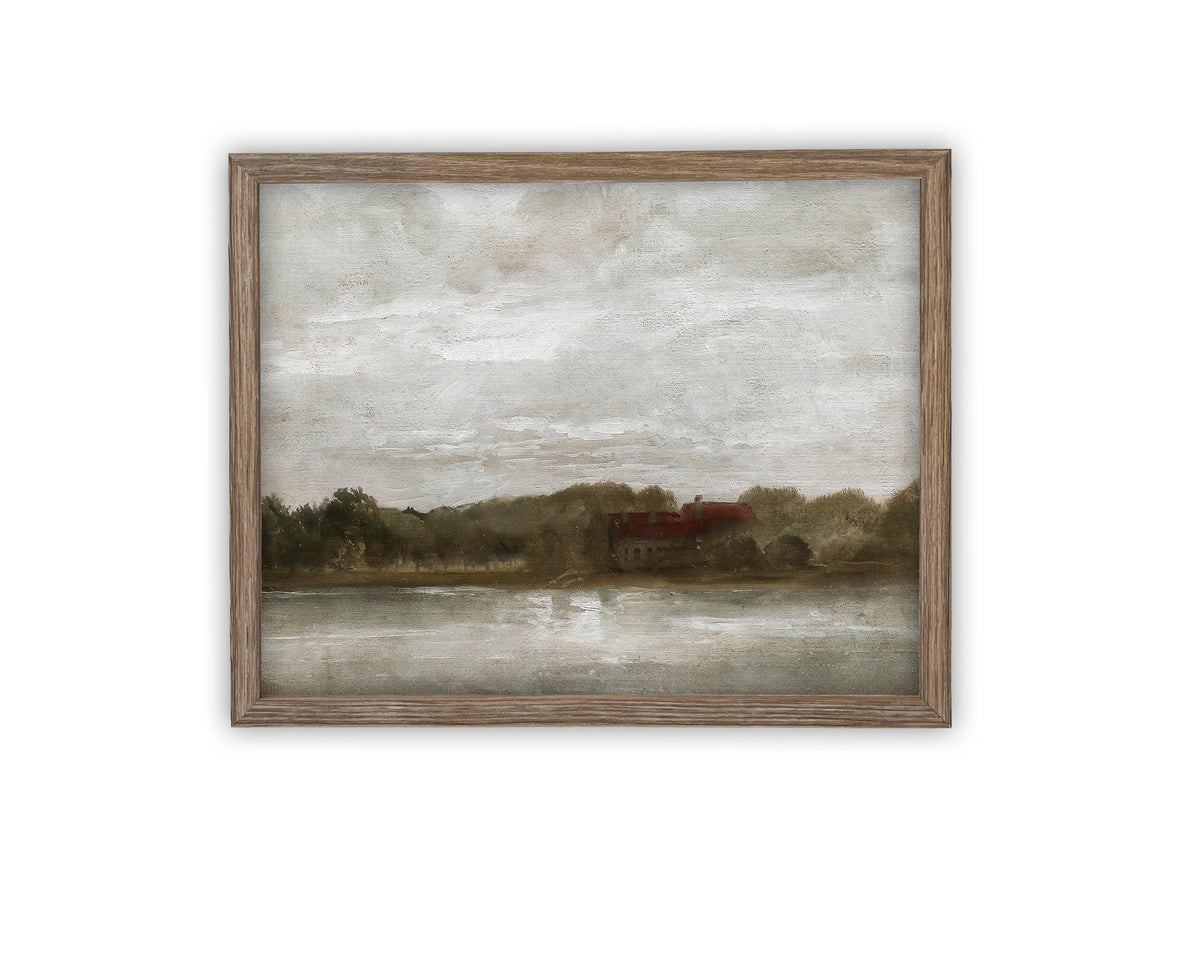 READY to SHIP 24X36 Framed Lake House Canvas Print: Vintage Farmhouse Landscape Art
