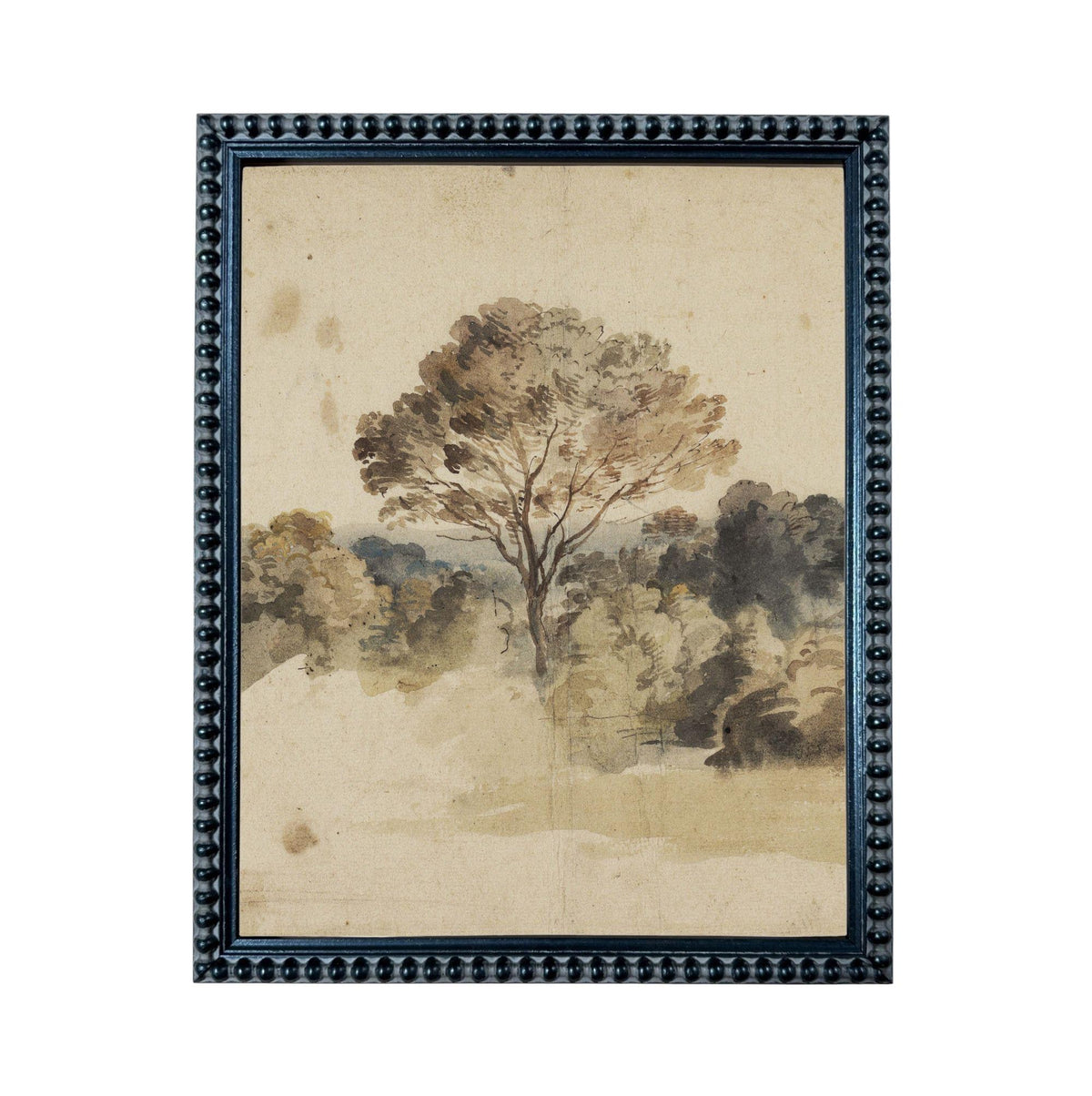 The image is a framed painting depicting a tree in a landscape scene.