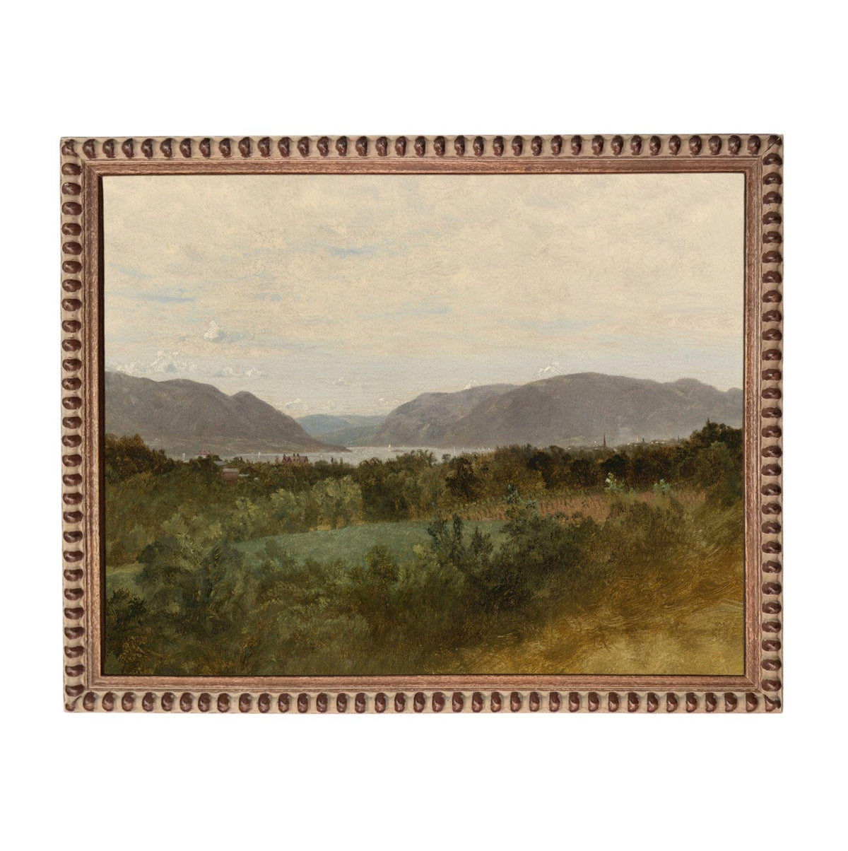 The image is a painting of a landscape with mountains in the background and a body of water in the foreground.