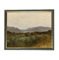 The image is a painting of a landscape with mountains in the background and a body of water in the foreground.