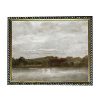 The image is a painting of a house situated on the shore of a body of water, surrounded by trees.