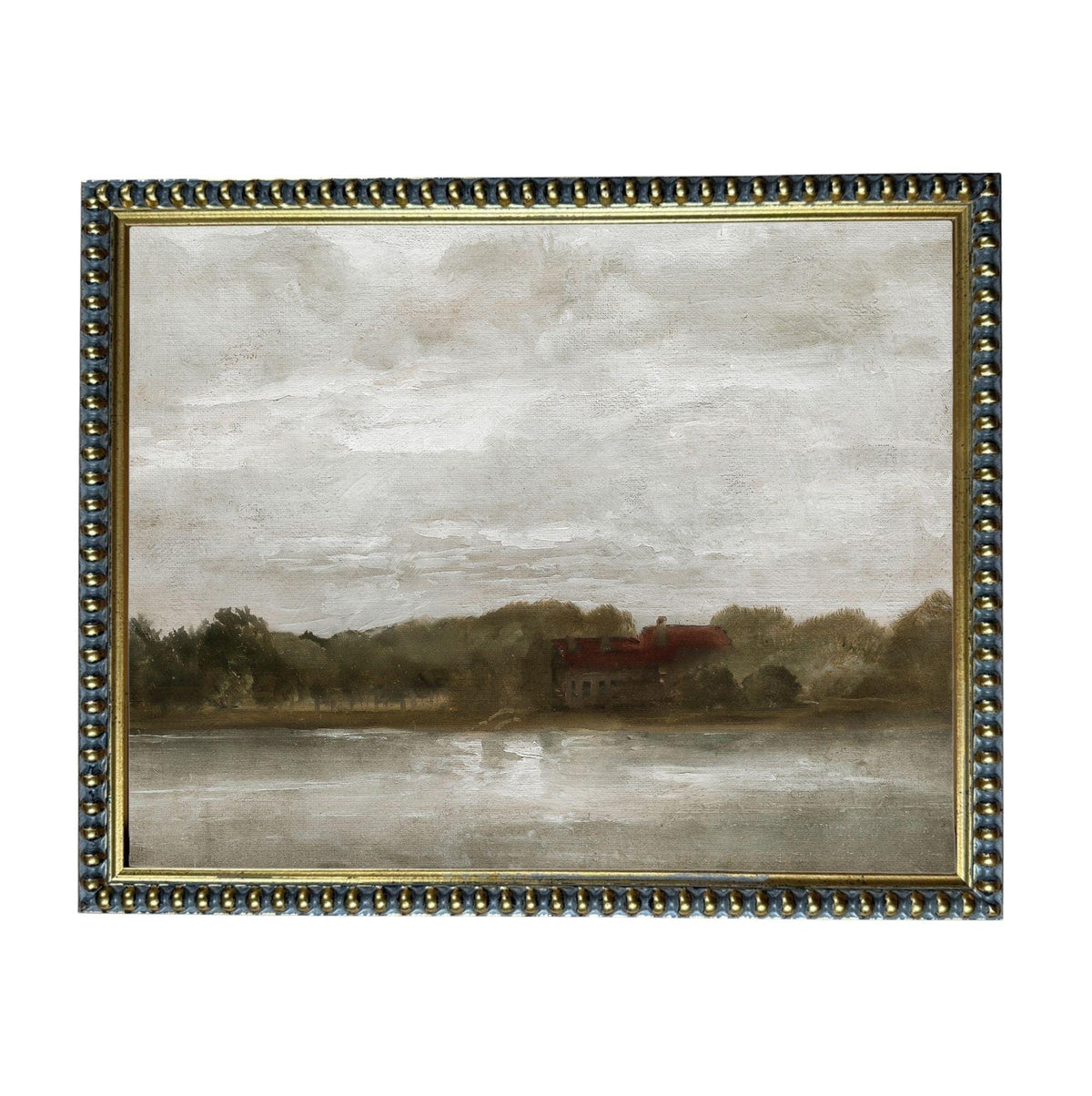 The image is a painting of a house situated on the shore of a body of water, surrounded by trees.