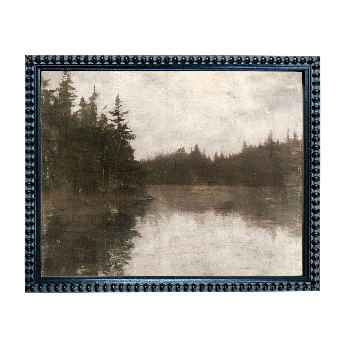 The image is a painting of a forested landscape with a lake in the background.
