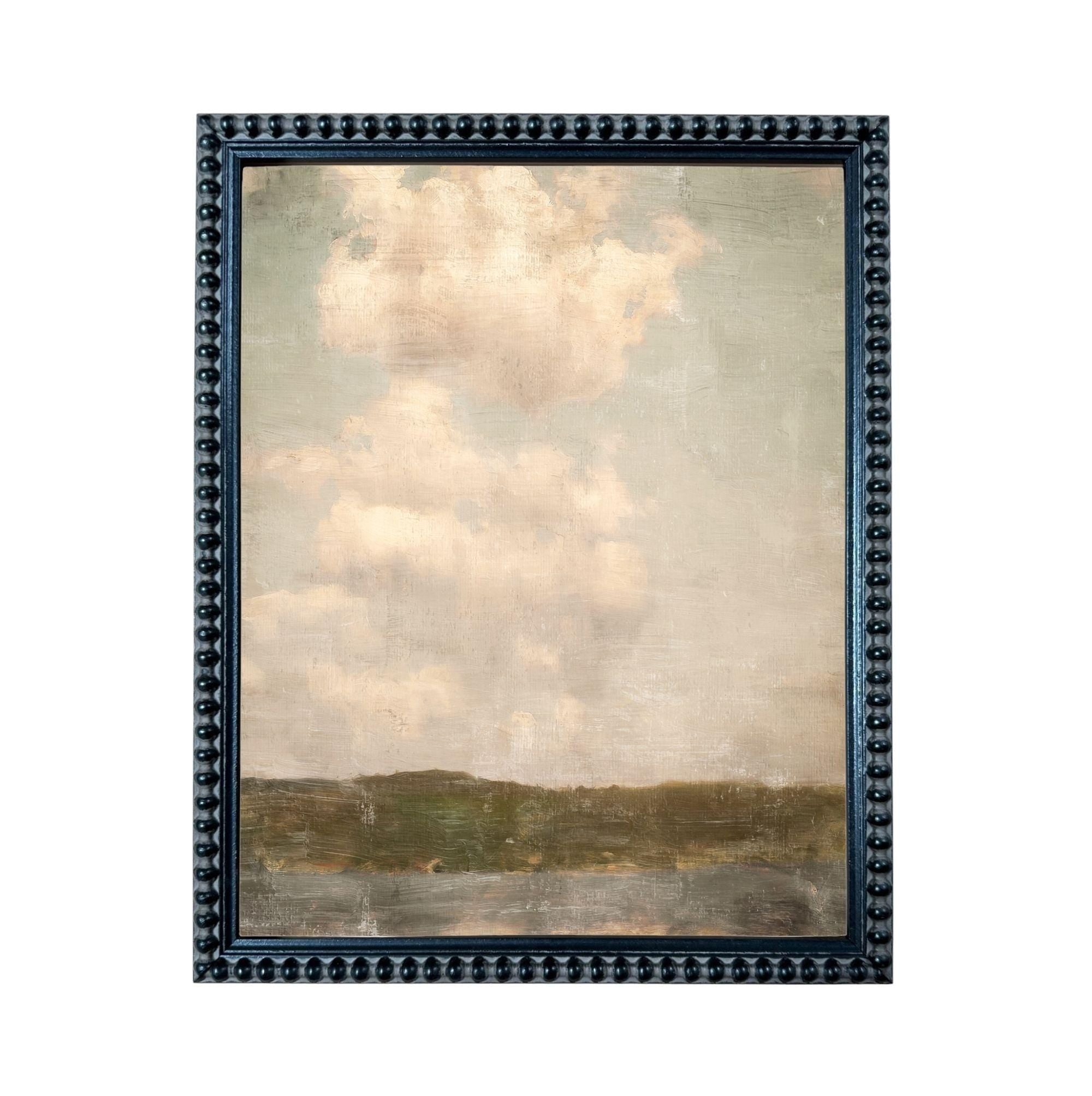 The image is a framed painting depicting a cloudy sky over a landscape with hills and a body of water.