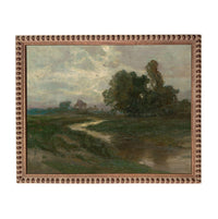 The image is an oil painting depicting a serene landscape with a winding path, lush greenery, and a cloudy sky.