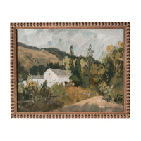 The image is a painting depicting a rural landscape with a white building, trees, and a dirt road.
