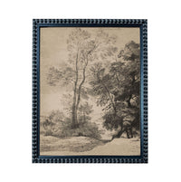 A black and white landscape painting depicting a serene forest scene with tall trees and a winding path.