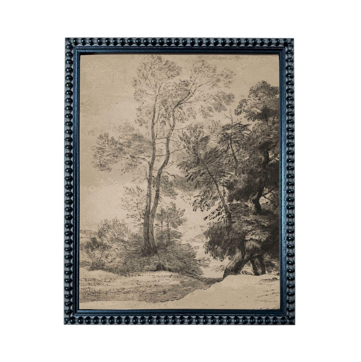 A black and white landscape painting depicting a serene forest scene with tall trees and a winding path.