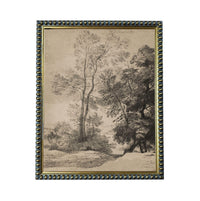 A black and white landscape painting depicting a serene forest scene with tall trees and a winding path.