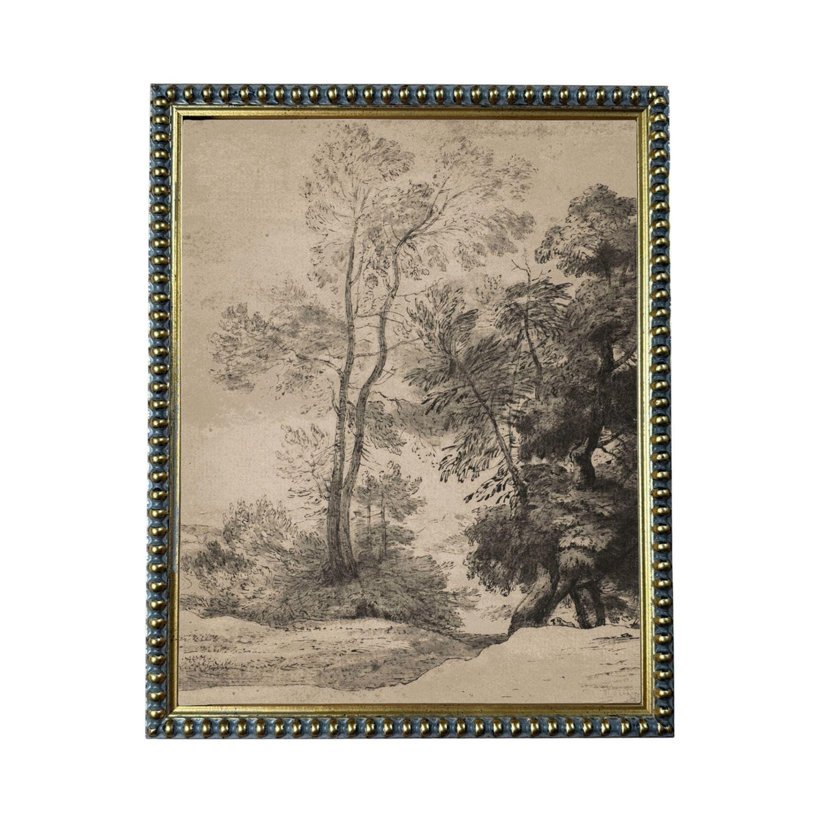 A black and white landscape painting depicting a serene forest scene with tall trees and a winding path.