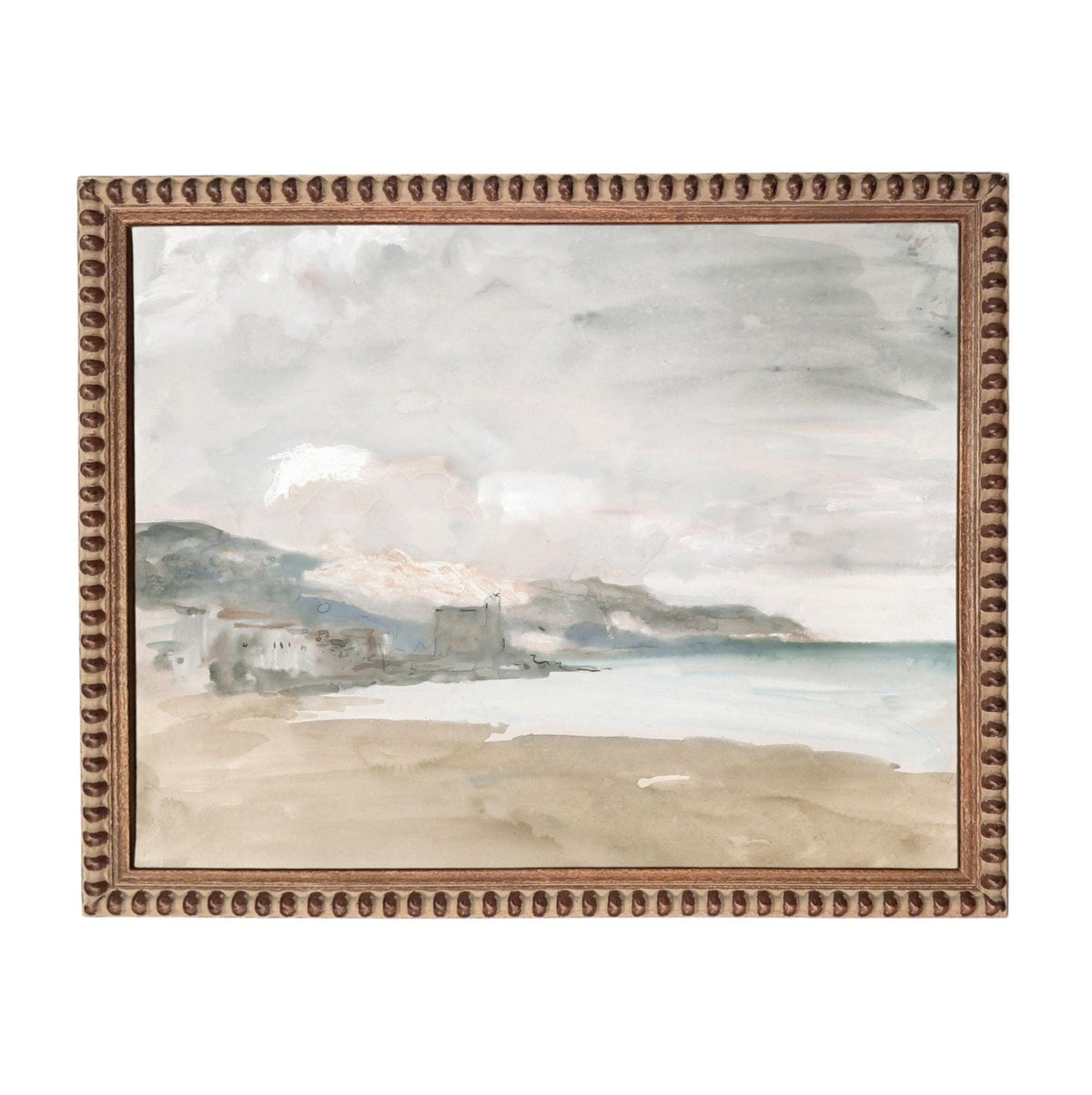 The image is a framed painting depicting a serene coastal landscape with a beach, mountains, and a body of water in the background.