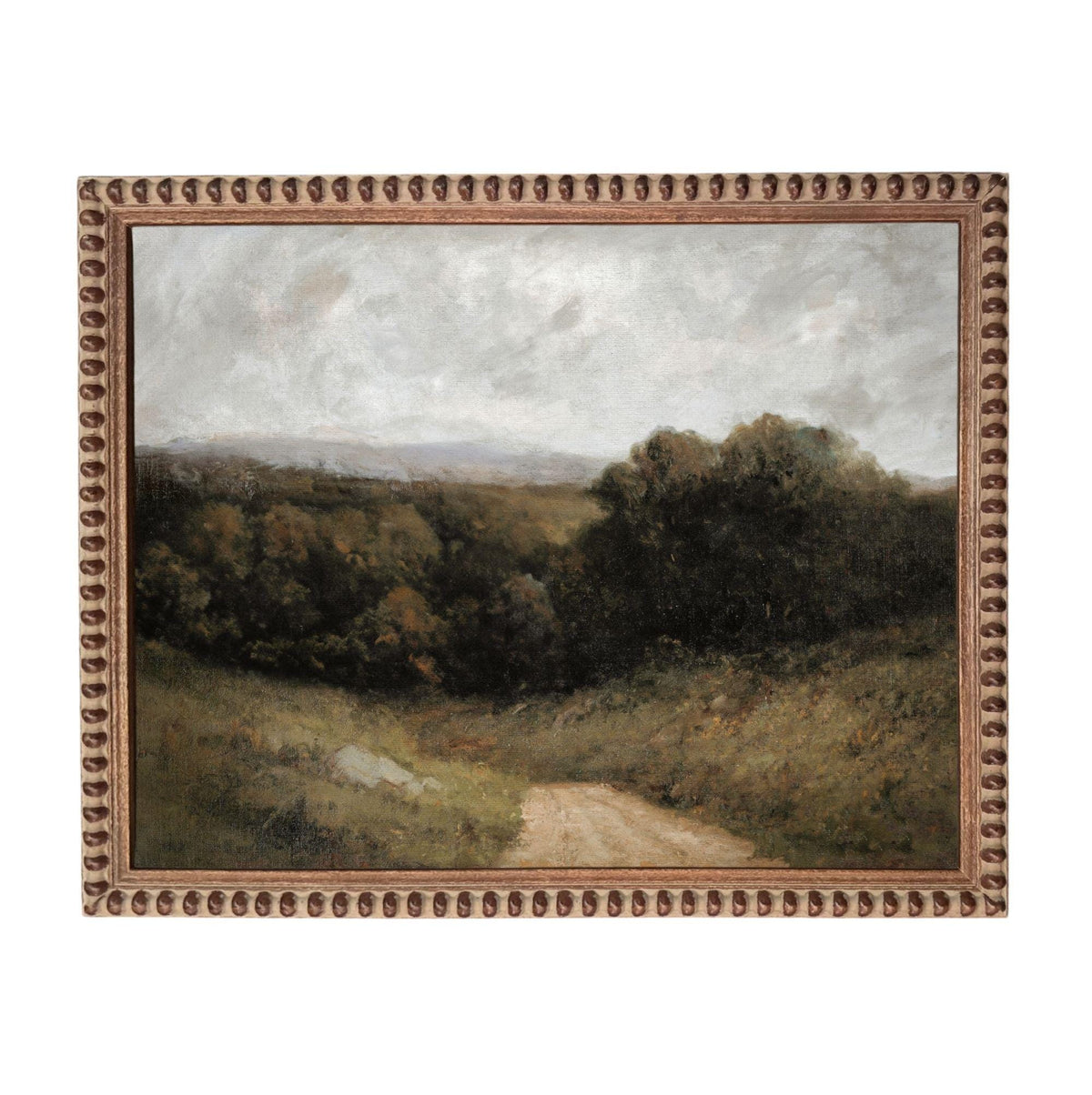 The image is a painting of a rural landscape with a dirt road leading through a wooded area.