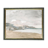 The image is a framed painting depicting a coastal landscape with a beach, mountains, and a body of water in the background.