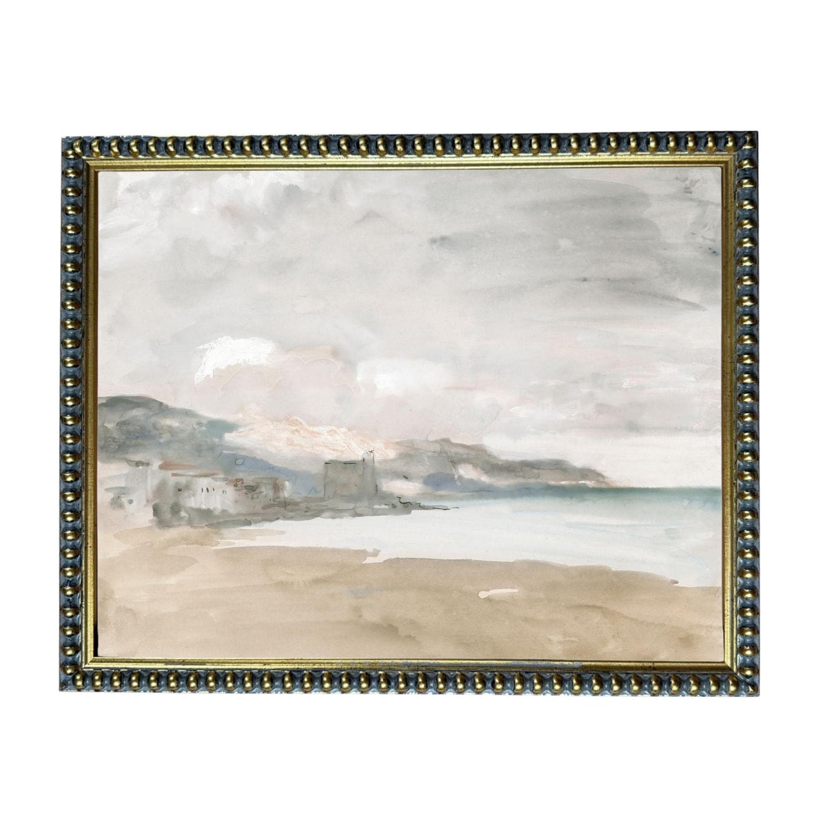 The image is a framed painting depicting a coastal landscape with a beach, mountains, and a body of water in the background.
