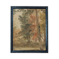 The image is a framed painting depicting a serene forest scene with trees in autumn colors.