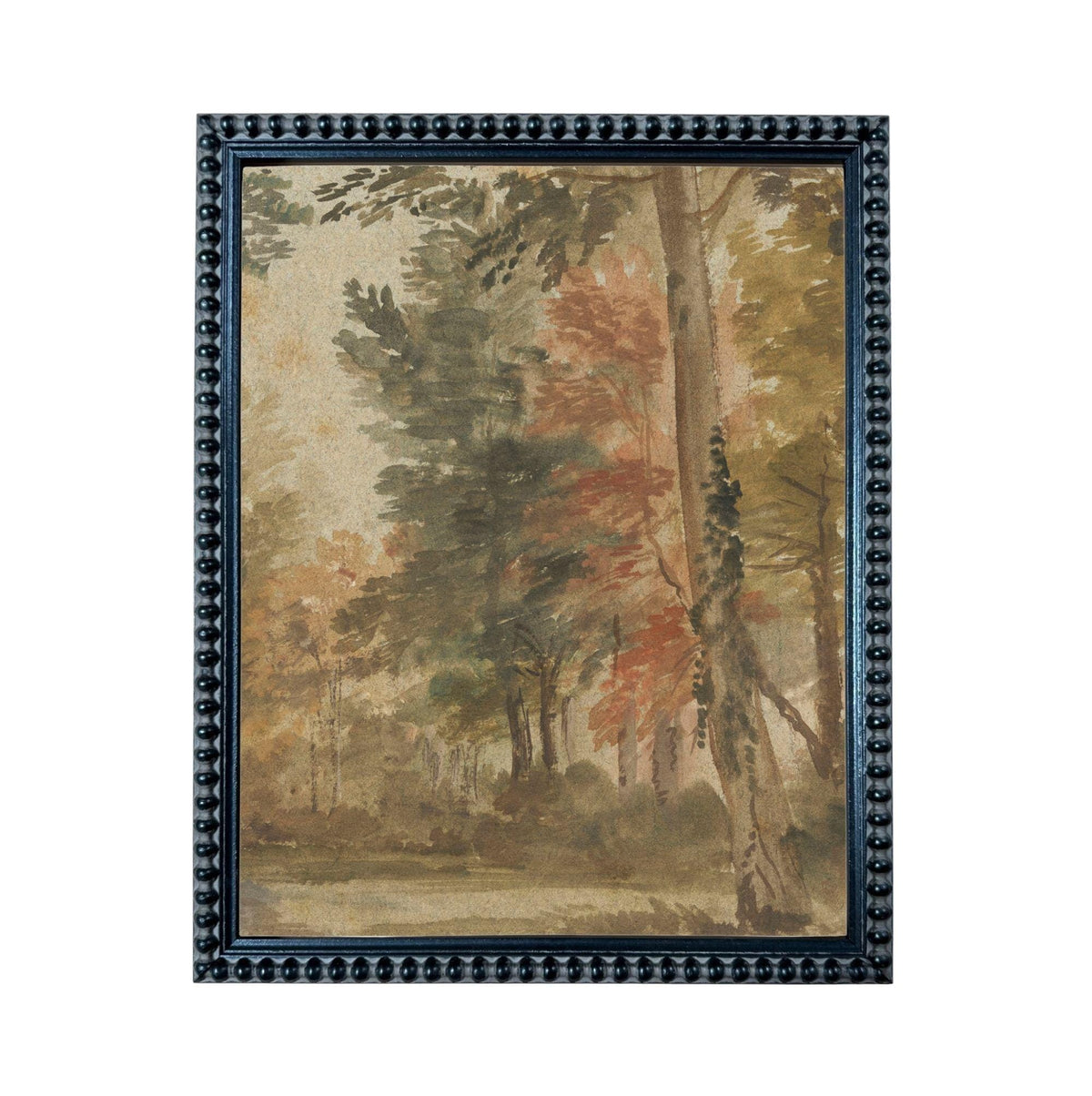 The image is a framed painting depicting a serene forest scene with trees in autumn colors.