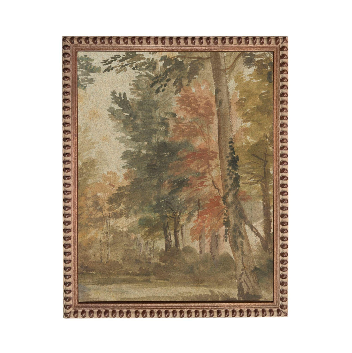 The image is a painting of a forest scene with trees displaying autumn colors.