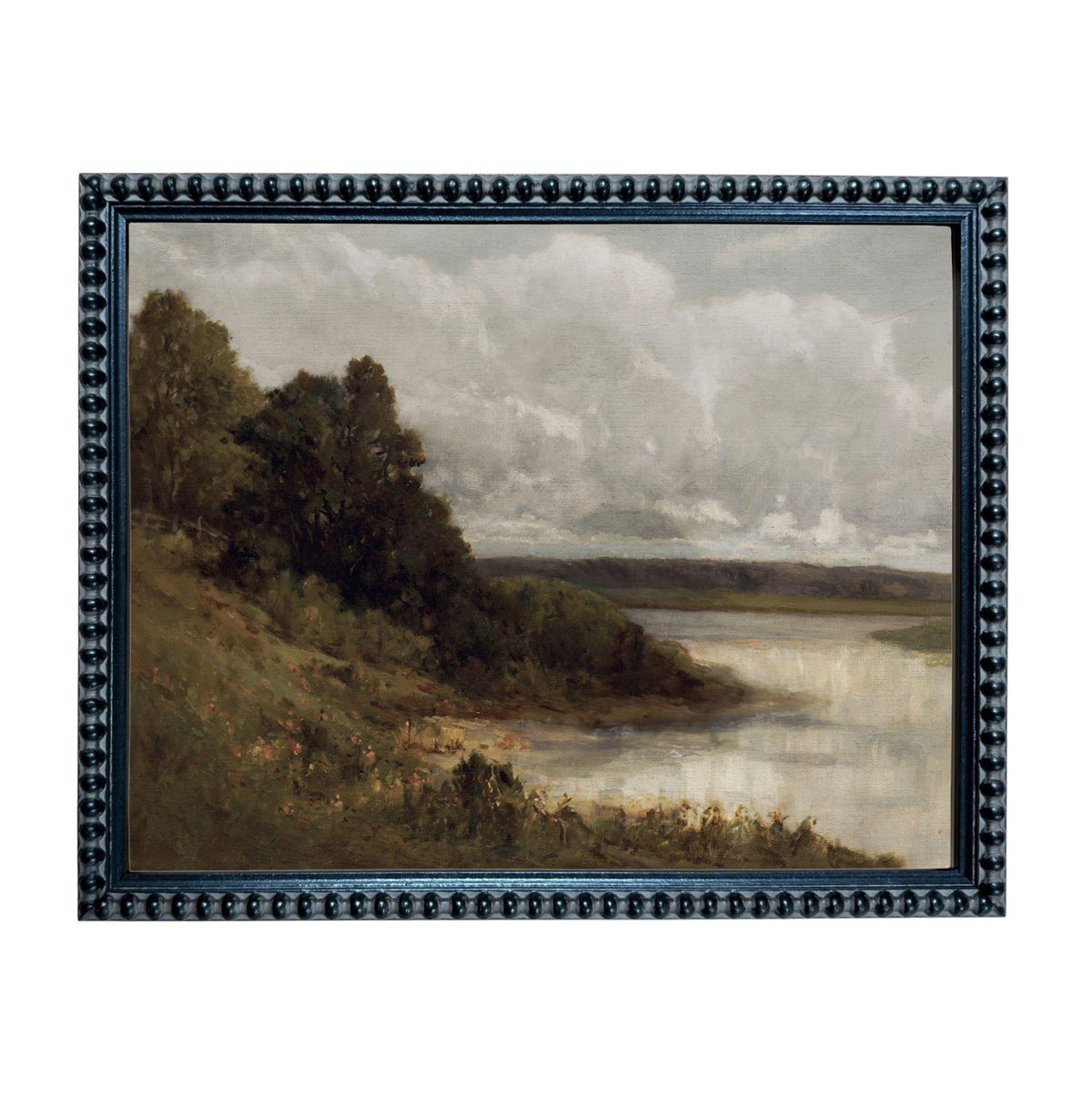 The image is a framed landscape painting depicting a serene countryside scene with a river, trees, and a cloudy sky.