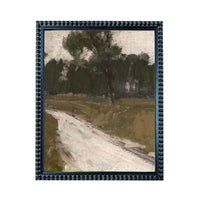 The image is a framed painting depicting a landscape with a winding road leading through a wooded area.