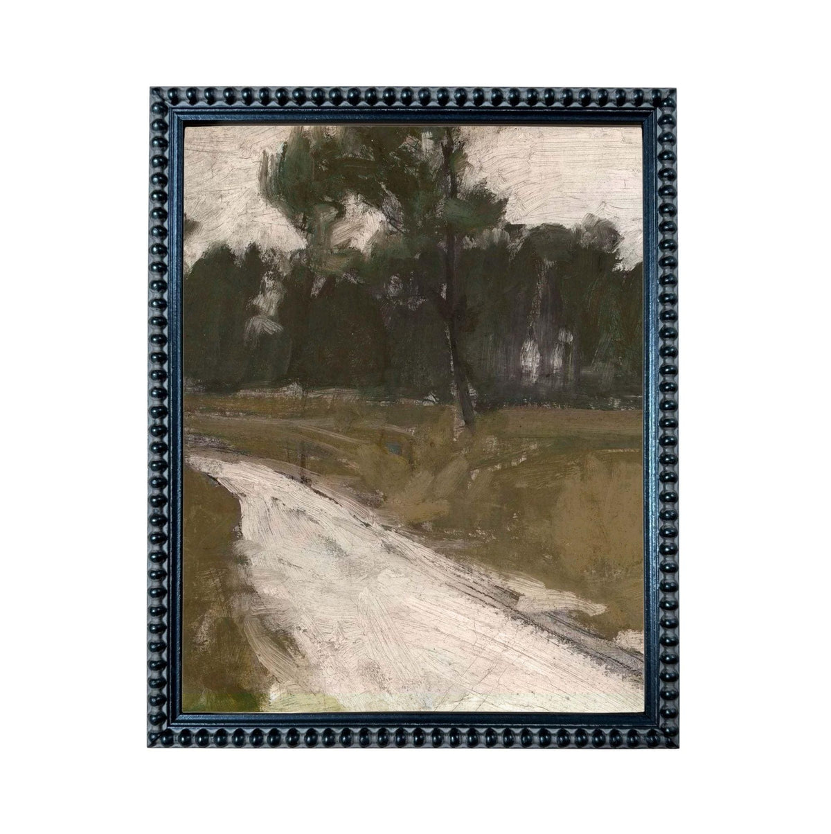 The image is a framed painting depicting a landscape with a winding road leading through a wooded area.