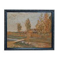 The image is a framed painting depicting a rural landscape with a wooden fence, trees, and a small building in the background.