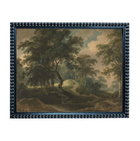 The image is a framed painting depicting a serene forest landscape with tall trees, a winding path, and a cloudy sky.