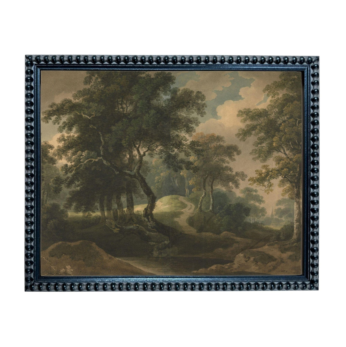 The image is a framed painting depicting a serene forest landscape with tall trees, a winding path, and a cloudy sky.