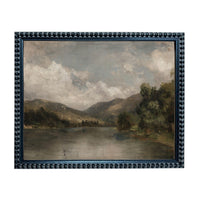 The image is a painting of a serene landscape featuring a lake surrounded by mountains and lush greenery.