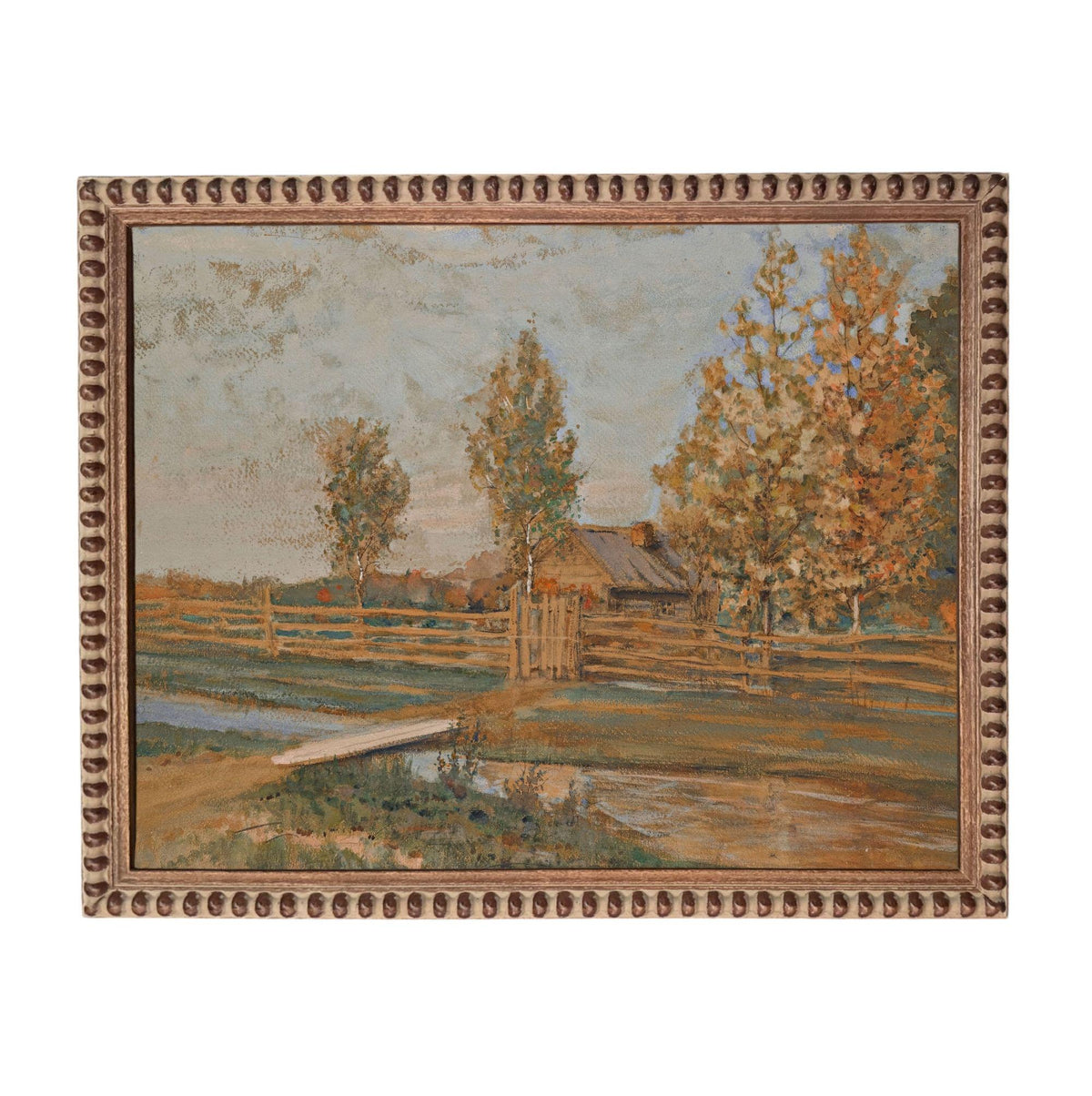 The image is a painting depicting a rural landscape with a wooden fence, trees, and a small stream.