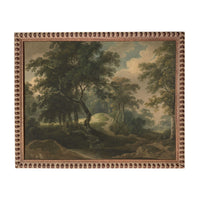 The image is a painting of a forest landscape with trees, a winding path, and a cloudy sky.