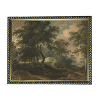 The image is a painting of a forest landscape with trees, a winding path, and a body of water.