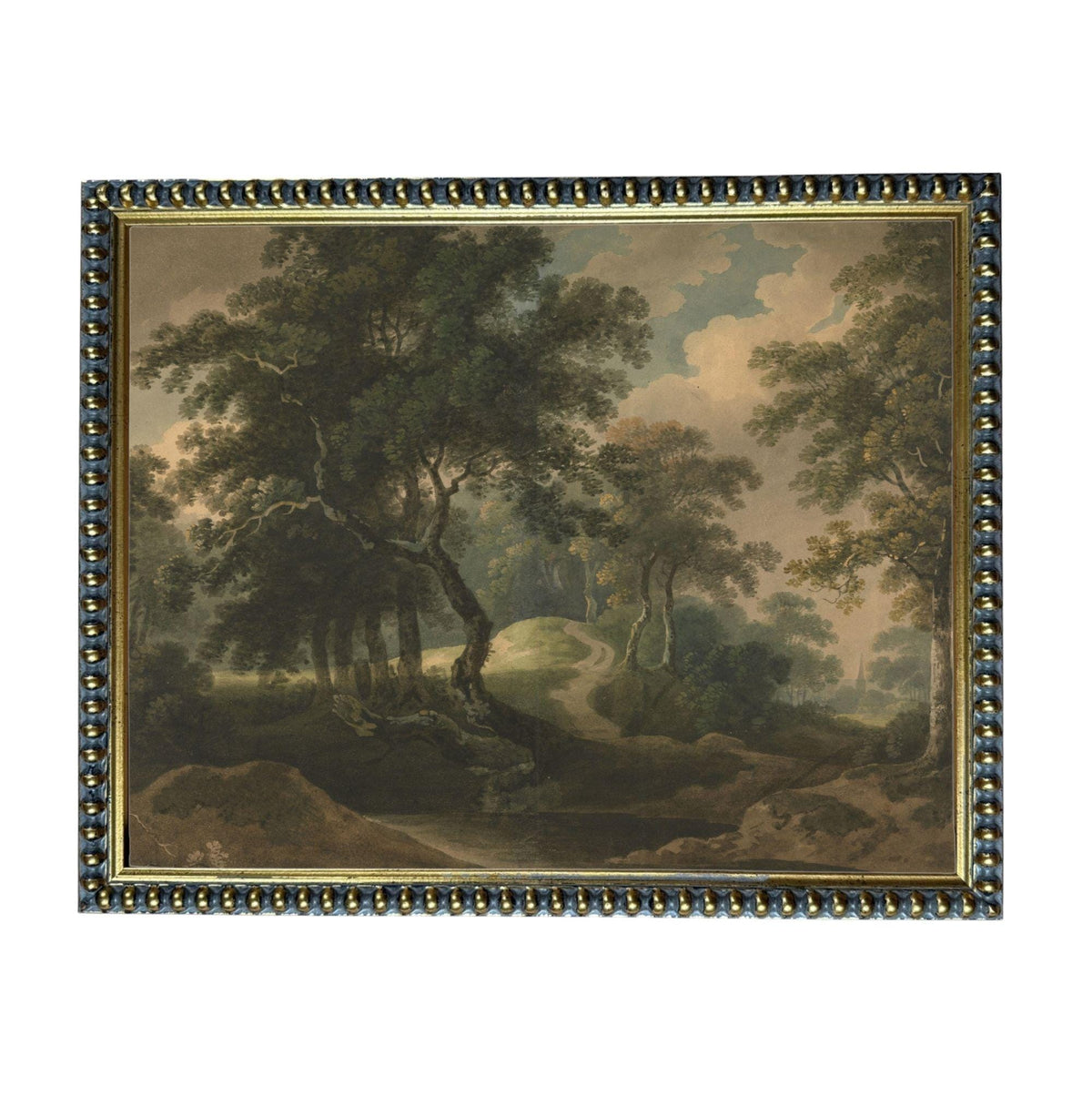 The image is a painting of a forest landscape with trees, a winding path, and a body of water.