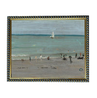 The image is a painting of a beach scene with people and a sailboat in the ocean.