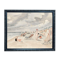 a lively beach scene with people relaxing on the sand and in chairs, enjoying the cloudy day.