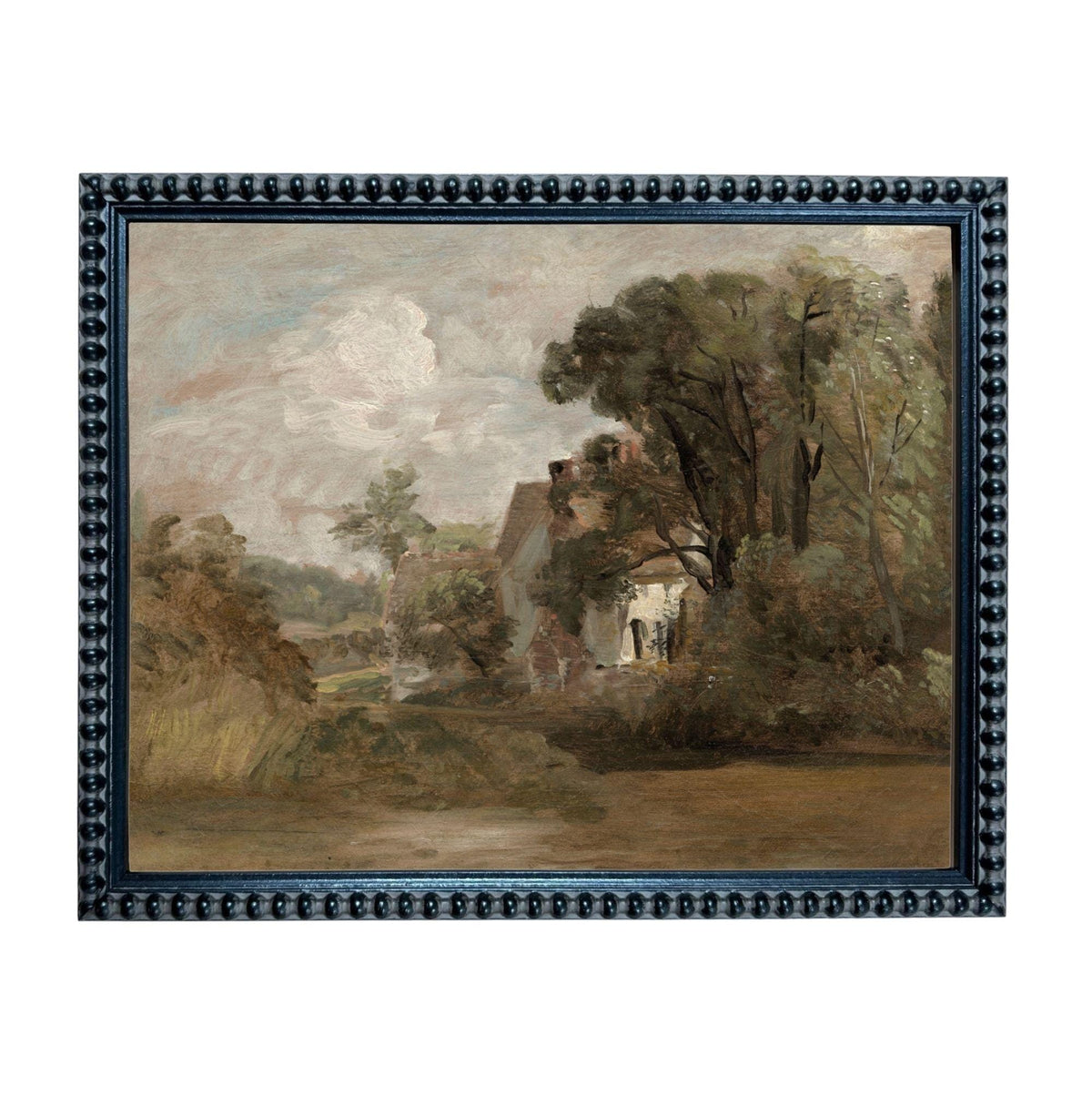 The image is a framed painting depicting a rural landscape with a house surrounded by trees and a body of water in the foreground.