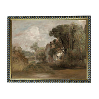 The image is a painting of a rural landscape with a house surrounded by trees and a body of water in the foreground.