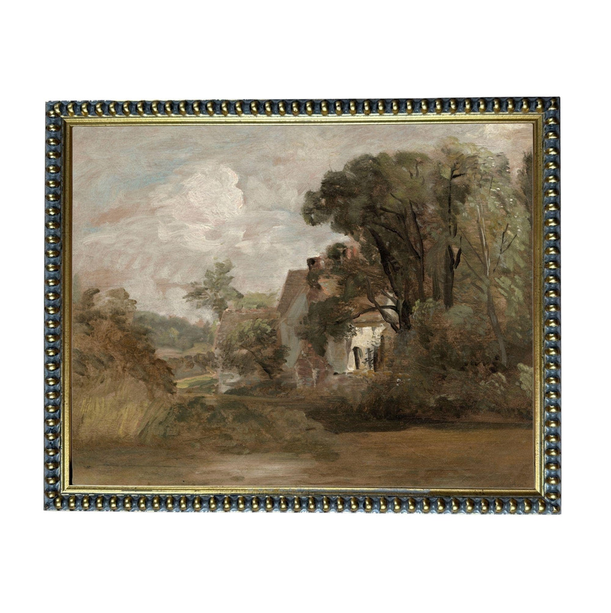 The image is a painting of a rural landscape with a house surrounded by trees and a body of water in the foreground.