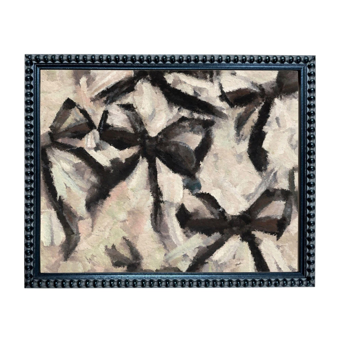 The image is an abstract painting with a black and white color scheme, featuring various shapes and lines that create a dynamic and visually striking composition.