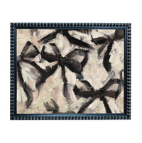 The image is an abstract painting with a black and white color scheme, featuring various shapes and lines that create a dynamic and visually striking composition.