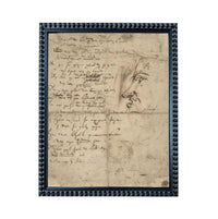 handwritten text and a sketch of a face, all enclosed within a black frame.